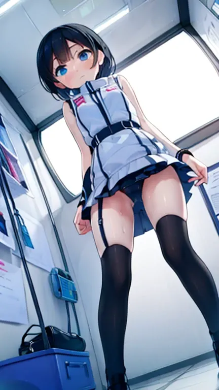 (Highest quality), (masterpiece), 1080P, High resolution, 4K, 8k, Inside the space station、Futuristic room、Thigh straps, Shooting from directly below, The woman on top of me, 白いSweat, Covered , Sweat, Woman looking down, Skirt swimsuit, Thigh-high socks, T...