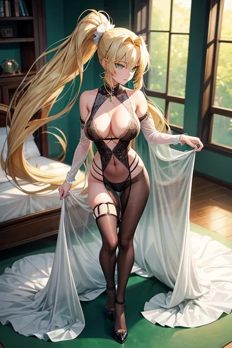 Full body photo, Adult anime woman, Long blonde hair completely gathered in a high ponytail, green eyes, expression of pleasure, coquette, Seductive. A sheer, transparent fabric barely covers her breasts as she walks sensually towards the bed. 