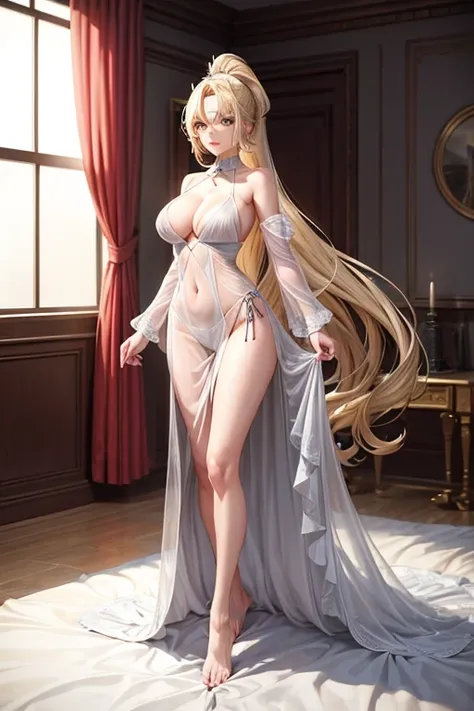 Full body photo, Adult anime woman, Long blonde hair completely gathered in a high ponytail, green eyes, expression of pleasure, coquette, Seductive. A sheer, transparent fabric barely covers her breasts as she walks sensually towards the bed. 