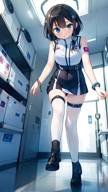 (Highest quality), (masterpiece), 1080P, High resolution, 4K, 8k, Inside the space station、Futuristic room、Thigh straps, Shooting from directly below, The woman on top of me, 白いSweat, Covered , Sweat, Woman looking down, Skirt swimsuit, Thigh-high socks, T...