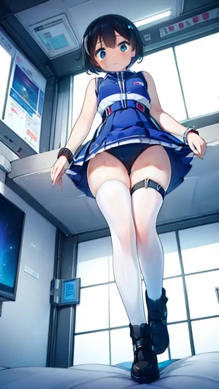 (Highest quality), (masterpiece), 1080P, High resolution, 4K, 8k, Inside the space station、Futuristic room、Thigh straps, Shooting from directly below, The woman on top of me, 白いSweat, Covered , Sweat, Woman looking down, Skirt swimsuit, Thigh-high socks, T...