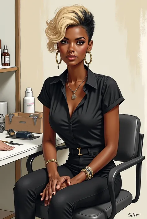 Drawing of a short woman with brown skin, blonde hair with black streaks, wearing a nose ring and earrings, a basic black shirt, black pants, sitting in a manicure chair, profession manicurist. 