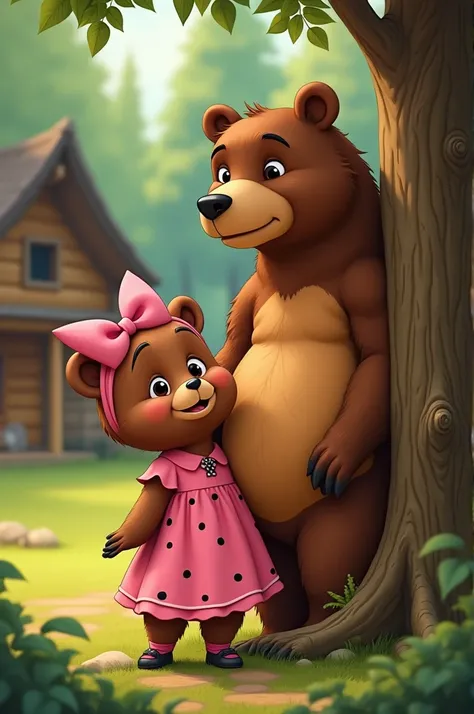 withAn image for the cover of a digital book animated bears The book is about a bear who tells Nicoletta his daughter how he met her mother Nicoletta a little bear wearing a pink dress with black dots a pink bow with black dots and black shoes with pink so...