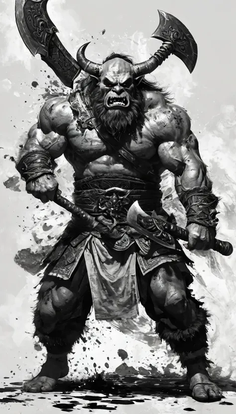 plano general, whole body, full centered image, bloom, monochrome, ink sketch,((1 ogre alone with a giant axe in his hand:1.5, strong and robust, dynamic pose, with shoulder pads and decorative bones, large and sharp fangs:1.5)), fighting stance, looking a...