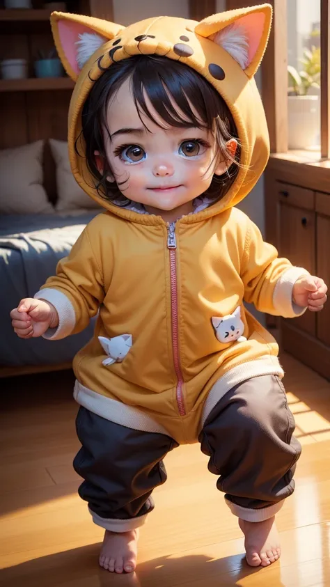 Create a character of a small baby wearing a cute cat costume., whole body, Positive, High resolution, 8k , Engine 5, Vibrant colors, Ultra high definition, smile,Inside the house
