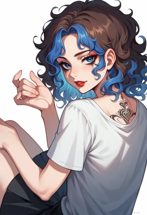 Anime style, 1women, seductive expression, bright red lips, sexy tattoo on hand, neck, back, lap, brunette, black and blue multi colored hair, short hair , wavy hair, messy hair, curly hair, black eye liner, blue eye shadows makeup, beautiful detailed blue...