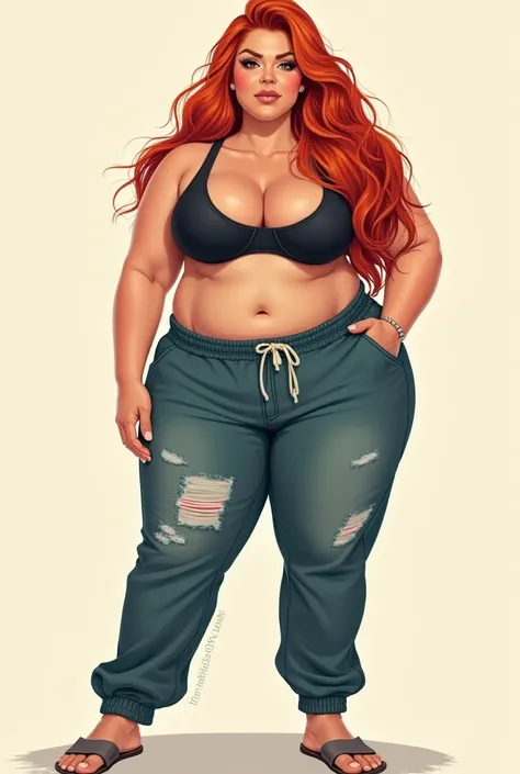 A woman with red hair and a huge butt. With faded sweatpants