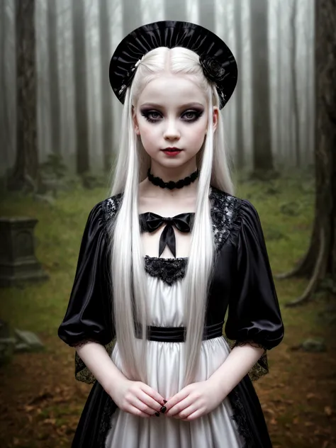 female sexy vampire|albino, pale porcelain skin, sexy vintage black dress, (8 years old, loli:1.5), smile, (dress lift:1.4), sha...