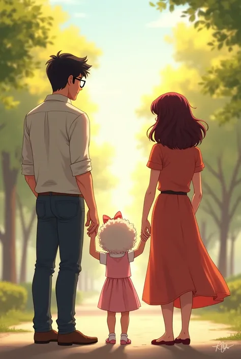 Tall man wearing black glasses with black hair, shorts, flip-flops and a short-sleeved shirt holding hands with a white child with curly hair wearing a pink bow and pink dress, hands linked with a woman with short curly wine-colored hair, and everyone with...