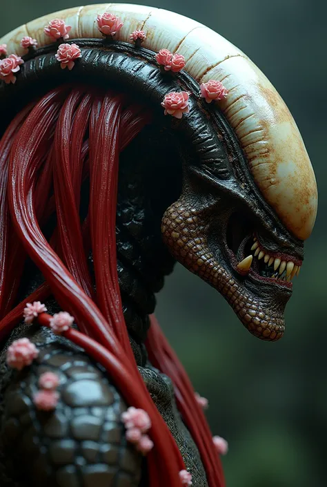 Hyper-realistic, hyper-detailed, side profile of predator yautja and xenomorph joined together at the back of there heads, with crimson red hair, small intricate pink flowers flow down the join
