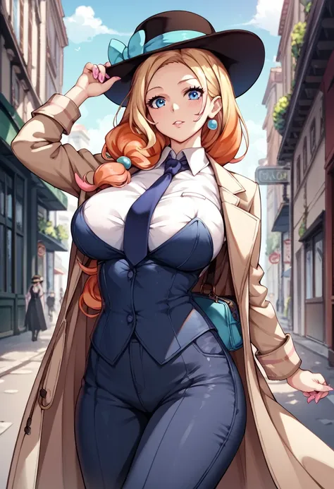 detailed,score_9, score_8_up, score_7_up, score_6_up, score_5_up, score_4_up, BREAK,all back,long hair,Blonde,blue eyes,shiny skin,((very big breasts)),((独奏)),((1girl)),anime style,Fedora hat,mafia outfit,Long coat,pants suit,tie,jazz age