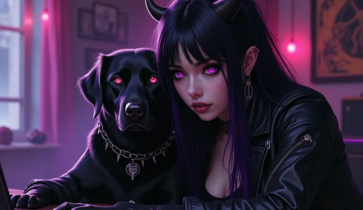 Character Descriptions:
Owner:

Appearance: A goth metal female with long, flowing black hair and striking purple highlights. Her style is dark and edgy, reflecting her love for heavy metal and all things spooky. She often wears band t-shirts, leather jack...