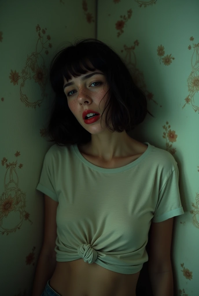 70s setting, grainy film, ultra-detailed, realistic, wallpaper, disheveled, exhausted, cornered, hard breath, bob cut, sexual tension, loosing control, sexy despair, sweat, desperation, tremor, t-shirt, void, abstract, freckles, red lips, noir