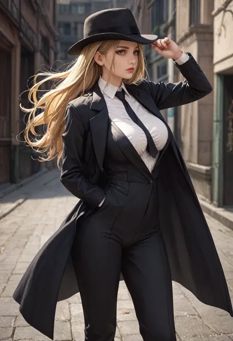 detailed,score_9, score_8_up, score_7_up, score_6_up, score_5_up, score_4_up, BREAK,all back,long hair,Blonde,blue eyes,shiny skin,((very big breasts)),((独奏)),((1girl)),anime style,Fedora hat,mafia outfit,Long coat,pants suit,tie,