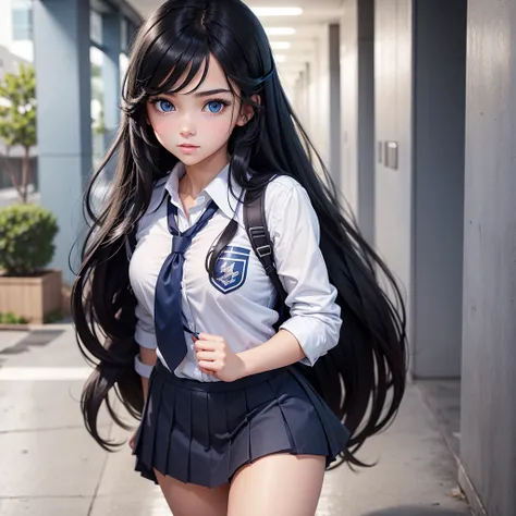 A cute and young female student with black long hair and blue eyes and a school uniform in a school hallway