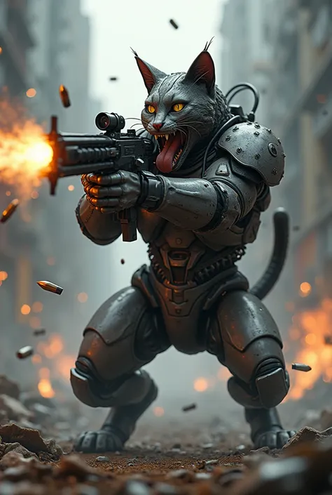 Armoured cat with a machine gun with its mouth open and its tongue out in a excited expression firing away