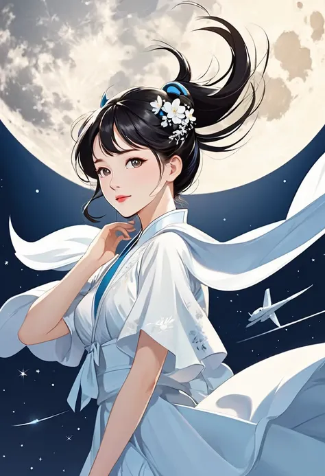 
            Accurate perfect anatomical, plane vector art, very beautiful girl(close up)  Change  flying to the moon,  graceful and dynamic, flying posture (close up) Background big full moon flat style vector art, Flat vector art uses simplicity in vecto...