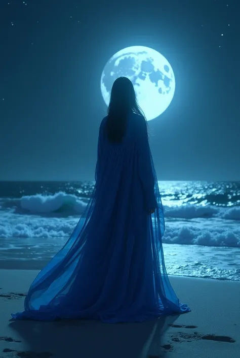  faceless gypsy in blue clothes on the beach at night in the moonlight dead