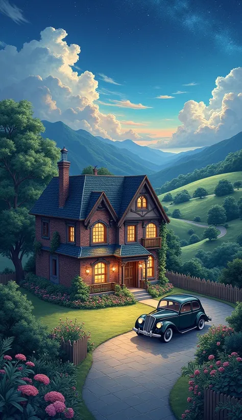 an anime picture of a house with a car parked in front of it, style of Tim Hildebrandt, Dan Mumford and Thomas Kinkade, inspired by the Brothers Hildebrandt, inspired by Brothers Hildebrandt, Rob Rey and kentaro miura style, anime background art, Greg Hild...