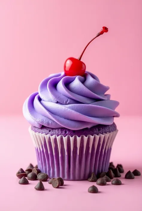 cupcake, purple cream with a cherry on top, chocolate chips, purple and pink, cupcake, 4k food photography, pink background