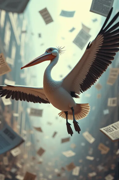 Flying newspapers and a pelican in the center