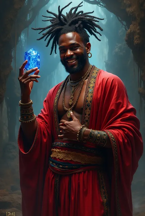 Strong Orixa Exu wearing red and black African clothing , smiling a lot And holding a Sapphire  !  A sensual black man   