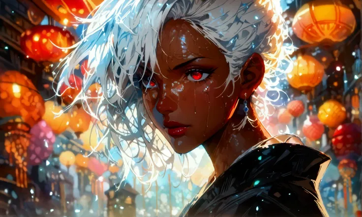 Sturdy woman, brown skin, messy white hair, vibrant red eye, open black robe, mocking expression, ((Intricate anime character design inspired by One Piece)), ((stunning lighting)), ((fine lines)), ((stunning focus)), ((stunning face)), ((detailed focus)), ...