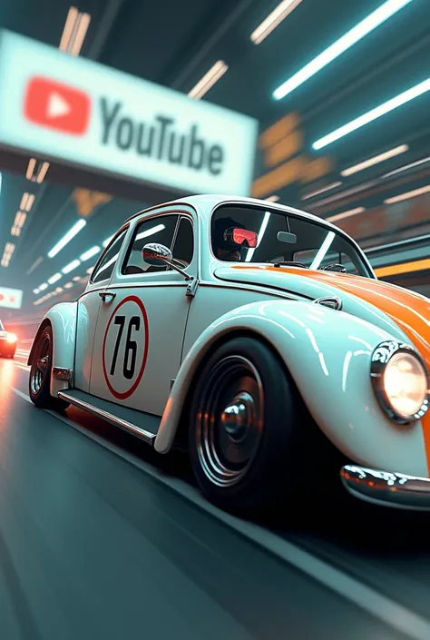 a beetle, with the number 76 on the door, on a racetrack, Virtual glasses, and a youtube banner somewhere
