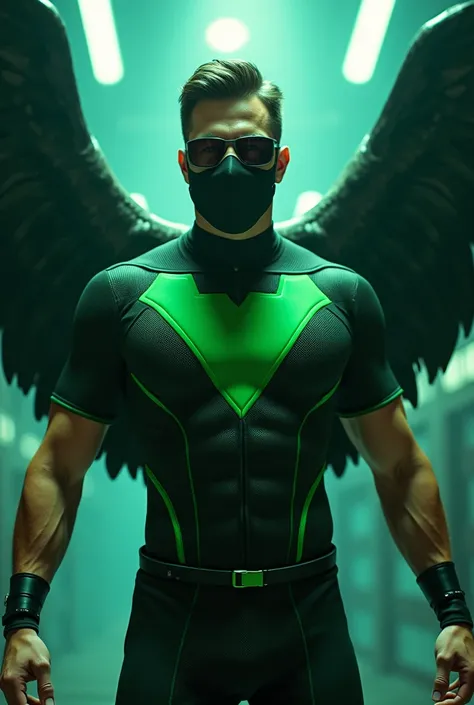 A handsome hero who has a uniform that symbolizes his "Falcon" powers. He also has two pairs of wings and a mask that only covers his eyes. The colors of his uniform predominate mainly in green and black. Do it as if you were playing a TV commercial about ...