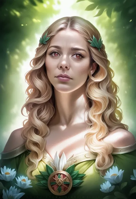 A beautiful young woman with long flowing hair, delicate facial features, and striking eyes, wearing a traditional Hylian dress, playing a detailed and intricately carved ocarina in a lush, verdant forest setting, sunlight filtering through the canopy, cre...