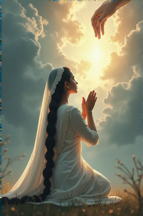 A beautiful white young indian girl wearing white punjabi dress with her long thick black hair braided upto her waist covered with veil praying to God on her knees with her hands praising God with a background of clouds shining with thunders and hand of Go...