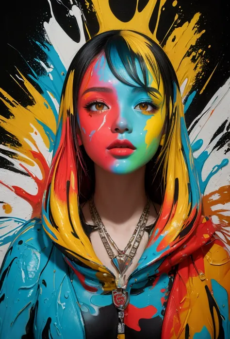 Vibrant girl surrounded by explosive colorful aura, uplifting positive energy emitted through expressive body language, amidst a dynamic urban backdrop of layered graffiti tags, melting oil gouache textures, and bold acrylic brushstrokes, in a mesmerizing ...