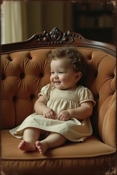 antique photo,   chubby girl on the sofa, classic sofa, old photo pattern