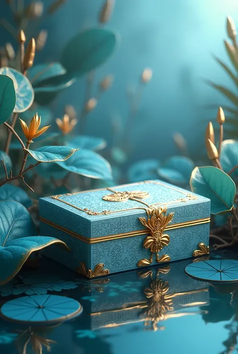  large serum box with light blue and gold colors, Background with blue plants with golden details and water surrounding it

