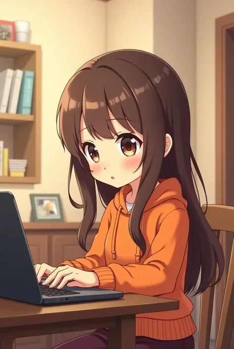 A cute anime character in a dark orange outfit is sitting on a chair, Two hands are placed on the laptop keyboard in front, A laptop rests on a brown table