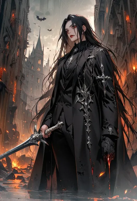 Man in black clothes, gothic art, sword in hand with silver details, crystal partially destroyed by blood, masculine face and long hair, suit and building in the background, with bats