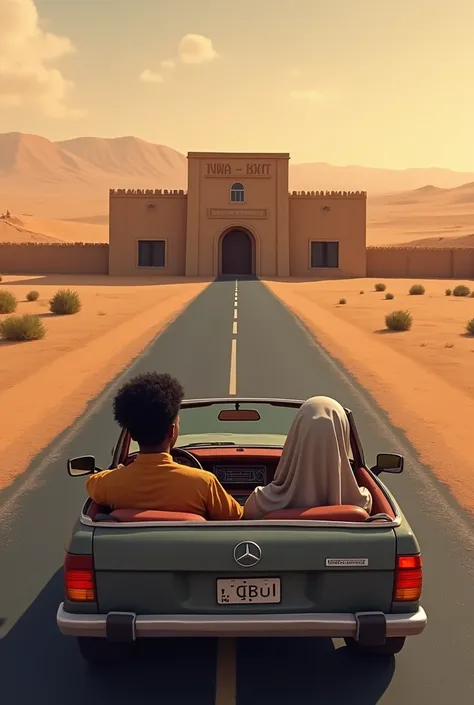 A dark-skinned young man is driving the car with his wife who wears corrective glasses, they are traveling in Mauritania and their beautiful young daughter is riding in the back. 
They are passing by an institute that teaches civil engineering called "ISM-...