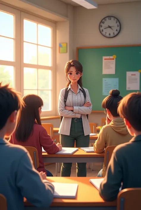 A realistic image of high school students studying animatedly in a well-lit classroom under the supervision of an attentive teacher 