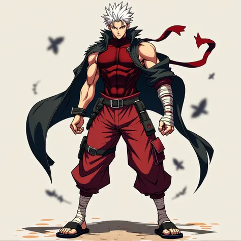 A dynamic illustration of Munashi Kurotani, a young yet imposing 15-year-old character standing at 203 cm with a muscular build. He has striking white hair and eyes that add to his intense presence. Munashi is dressed in a dark red, tight-fitting shirt mad...