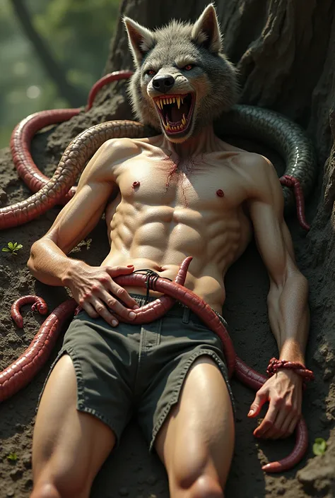 realistic image of a naked half werewolf sunbathing being attacked by a group of worms and some of the worms tied his hands and feet, one of the worms got into his genitals