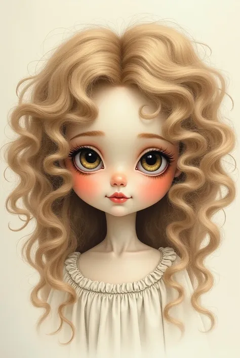 Drawing of a doll with big curly hair and fair skin