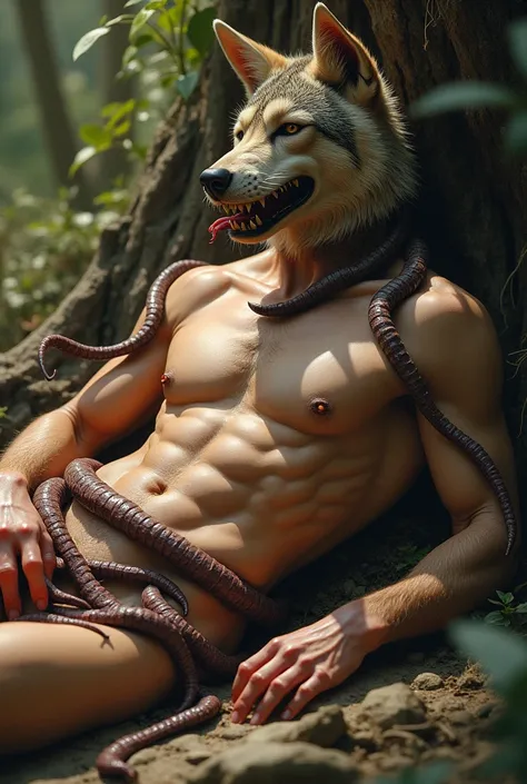 realistic image of a naked half werewolf sunbathing being attacked by a group of worms and some of the worms tied his hands and feet, one of the worms got into his genitals