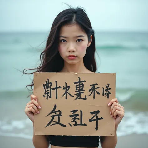 pretty asian girl holds a sign that says "o koji é viado" and sea