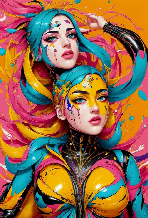 Vibrant girl surrounded by explosive colorful aura, uplifting positive energy emitted through expressive body language, amidst a dynamic urban backdrop of layered graffiti tags, melting oil gouache textures, and bold acrylic brushstrokes, in a mesmerizing ...