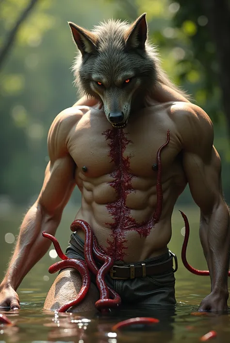 realistic image of a naked half werewolf sunbathing being attacked by a group of worms and some of the worms tore through his stomach, one of the worms went into his genitals