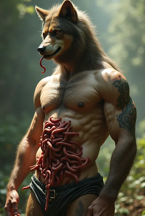 realistic image of a naked half werewolf sunbathing being attacked by a group of worms and some of the worms tore through his stomach, one of the worms went into his genitals