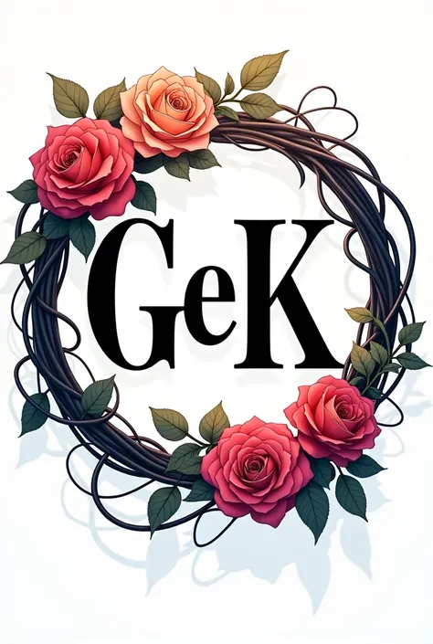 Drawing with words "G e K"  in black italic lettering enclosed in a circle of roses intertwined with long cables in 2D with vibrant anime style colors no background in png