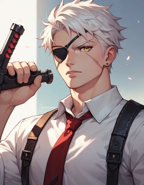 Human Male Assassin , white hair ,yellow eye ,eye patch, white shirt ,red Tie  ,scar on eye ,