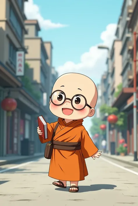 cute little people, closed eyes japanese, Grinning, with glasses , walking down the street alone, wearing the orange monks robe and brown belt, baldie.
with glasses e somente um caminhando na rua com um livro na mao.
sandals on her feet
happy smile
