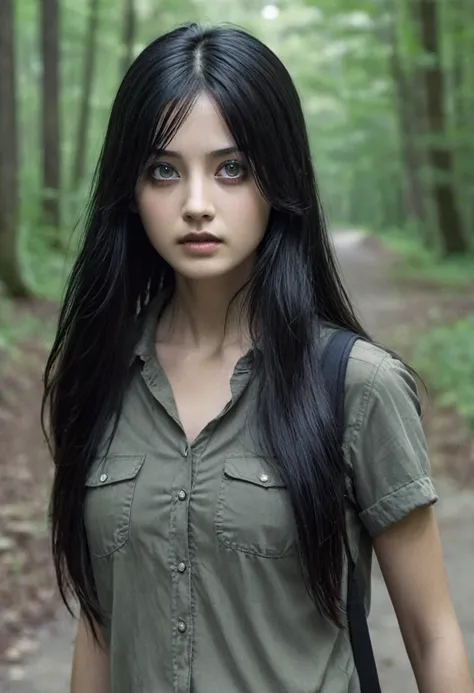 Girl with long straight black hair, big grey eyes, environment of the walking dead series she is running from the zombies 